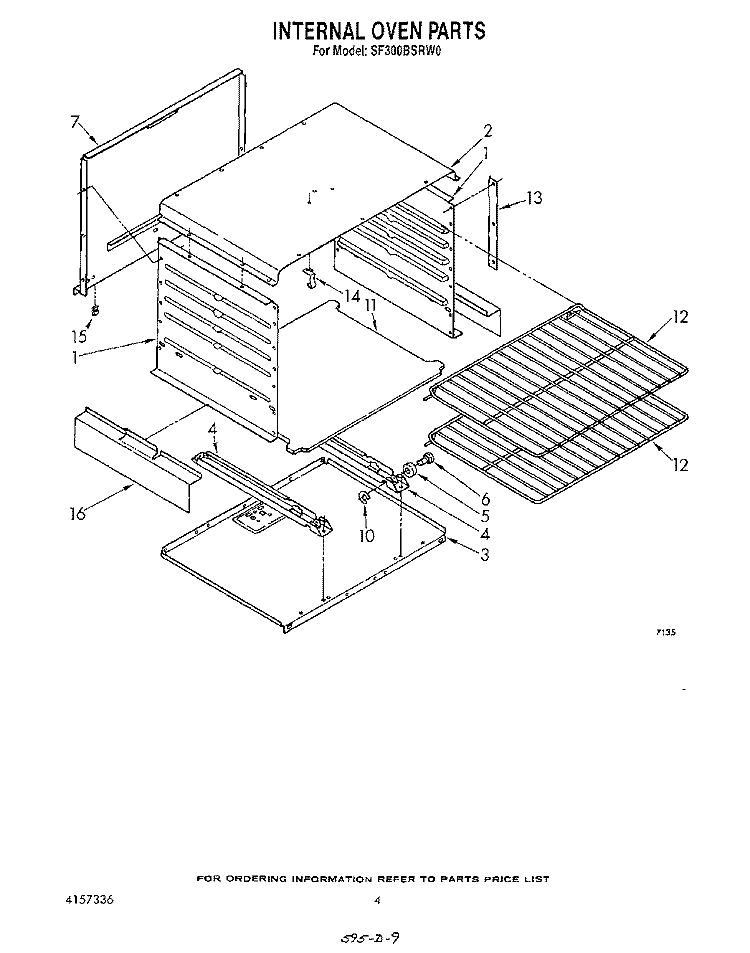 INTERNAL OVEN Diagram and Parts List for SF300BSRW0  Whirlpool Range
