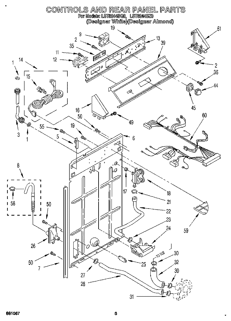 CONTROLS AND REAR PANEL Diagram and Parts List for LST8244BZ0  Whirlpool Washer