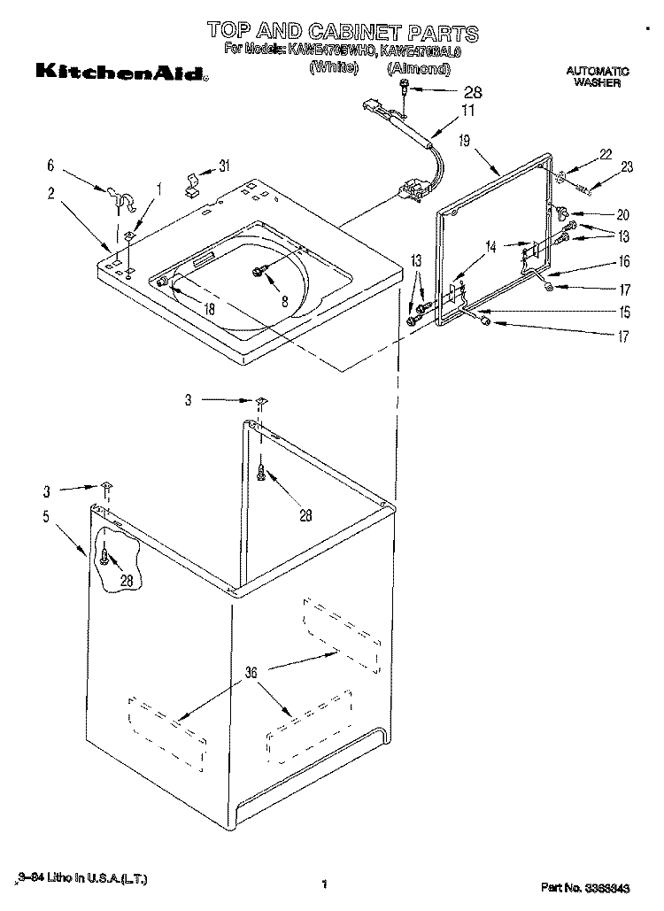 TOP AND CABINET, LIT/OPTIONAL Diagram and Parts List for KAWE470BAL0  KitchenAid Washer