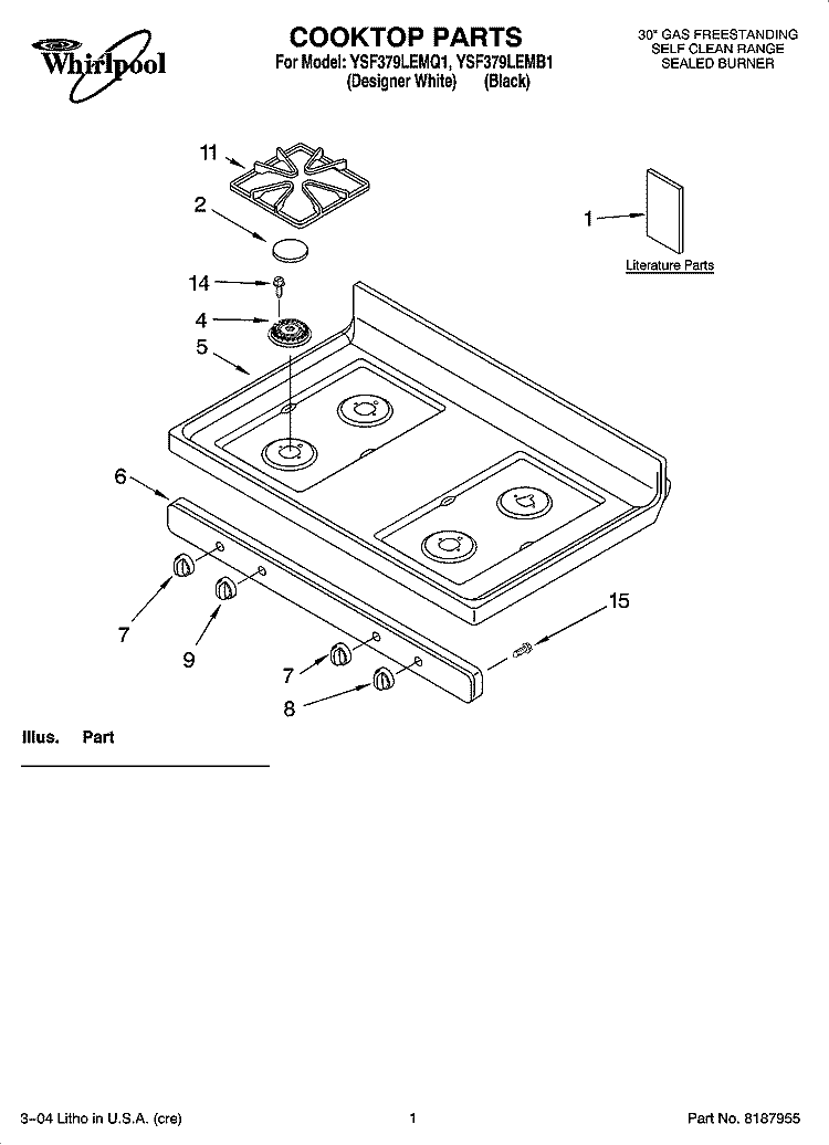 COOKTOP PARTS Diagram and Parts List for YSF379LEMQ1  Whirlpool Range