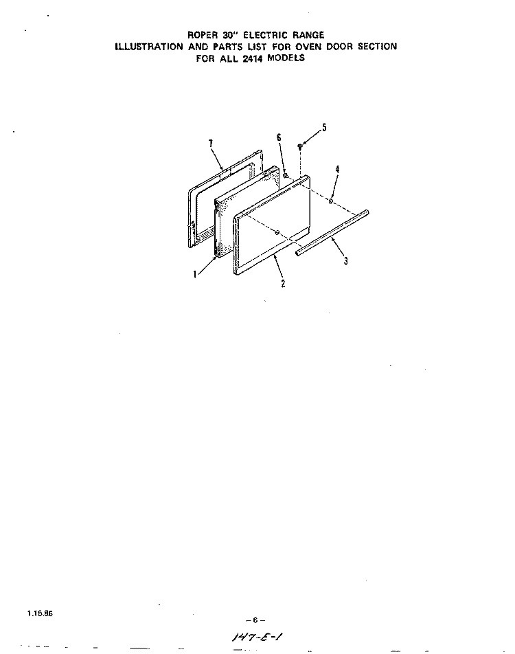 OVEN DOOR Diagram and Parts List for 2424W0A  Roper Range
