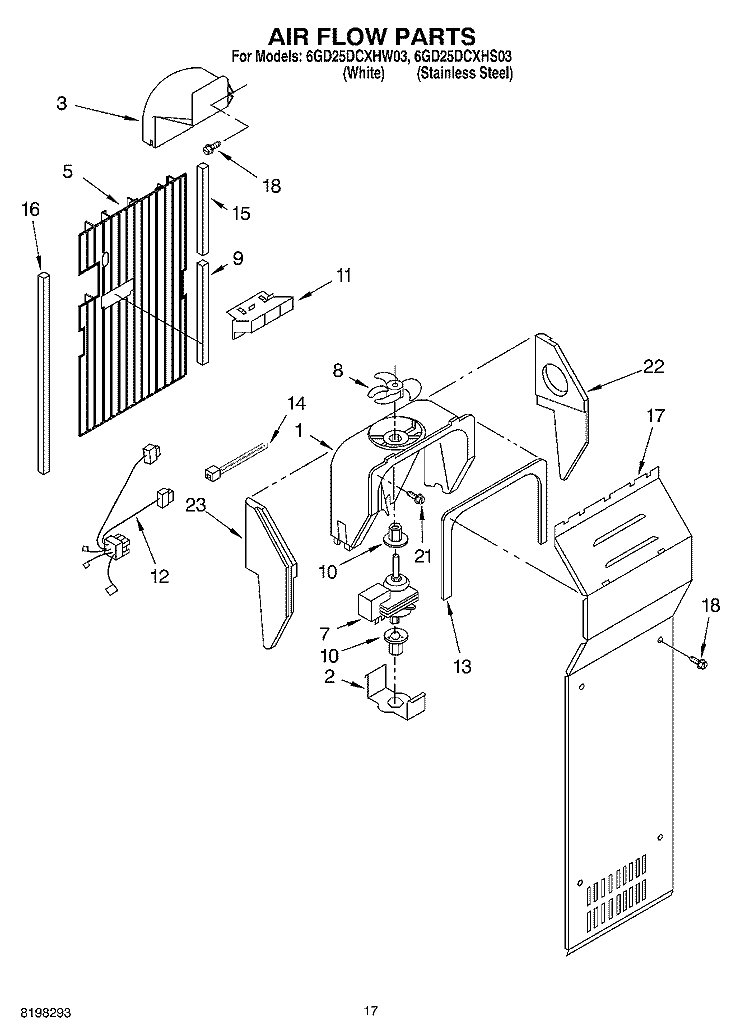 AIR FLOW Diagram and Parts List for 6GD25DCXHS03  Whirlpool Refrigerator