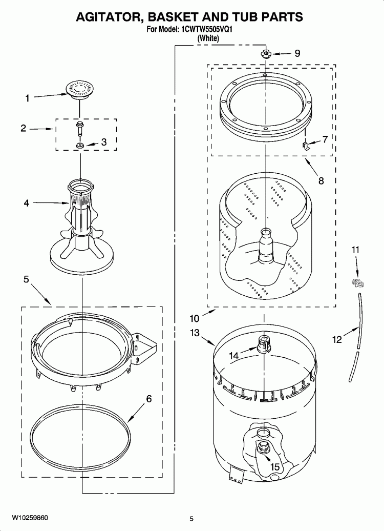 AGITATOR, BASKET AND TUB PARTS Diagram and Parts List for 1CWTW5505VQ1  Whirlpool Washer
