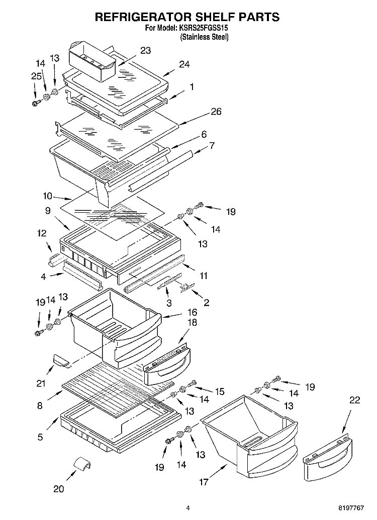 REFRIGERATOR SHELF Diagram and Parts List for KSRS25FGSS15  KitchenAid Refrigerator