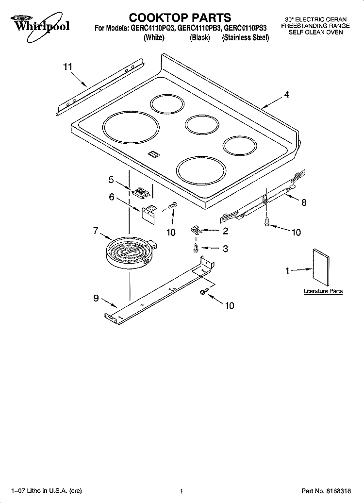 COOKTOP PARTS Diagram and Parts List for GERC4110PS3  Whirlpool Range