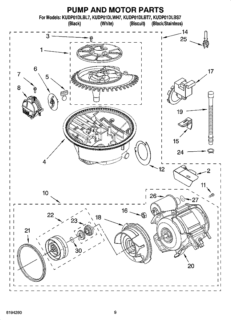 PUMP AND MOTOR PARTS Diagram and Parts List for KUDP01DLBL7  KitchenAid Dishwasher