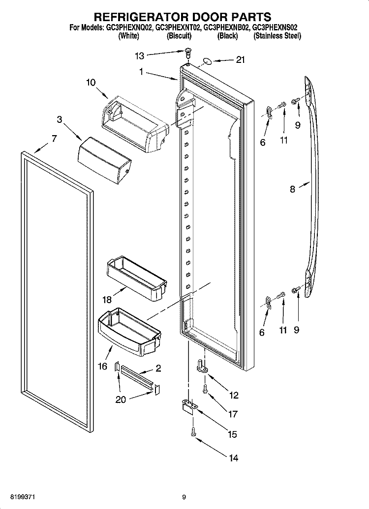 REFRIGERATOR DOOR PARTS Diagram and Parts List for GC3PHEXNS02  Whirlpool Refrigerator