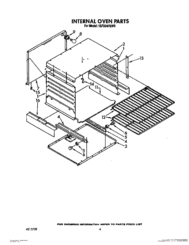 INTERNAL OVEN Diagram and Parts List for 1SF034PEW0  Whirlpool Range