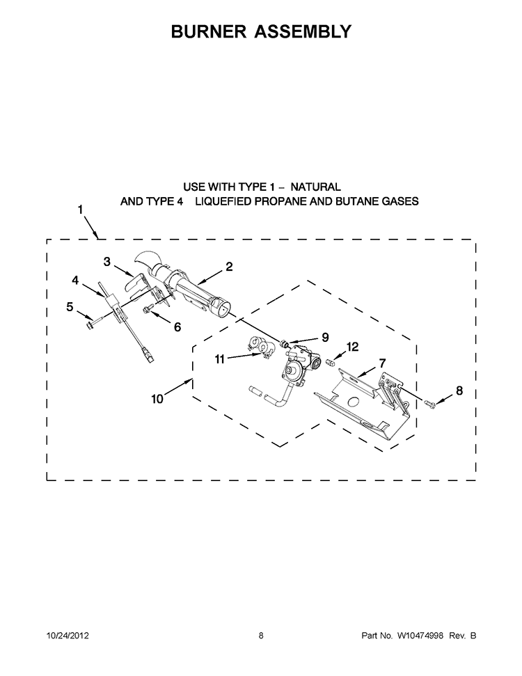 BURNER ASSEMBLY Diagram and Parts List for WGD8800YW1  Whirlpool Dryer