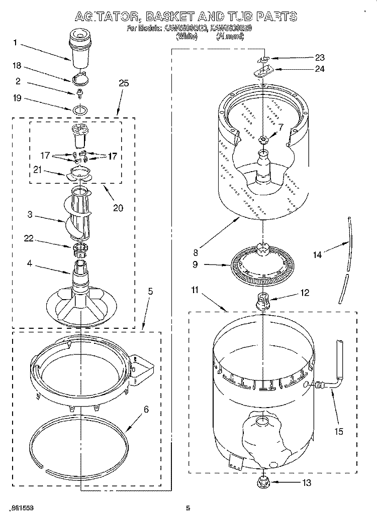 AGITATOR, BASKET AND TUB Diagram and Parts List for KAWS800GZ0  KitchenAid Washer
