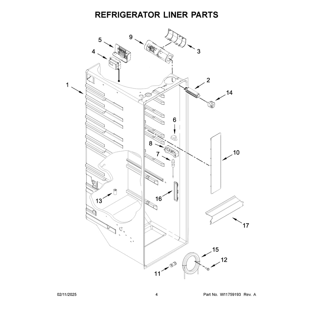 Refrigerator Liner Parts Diagram and Parts List for KRSF536RBS00  KitchenAid Refrigerator