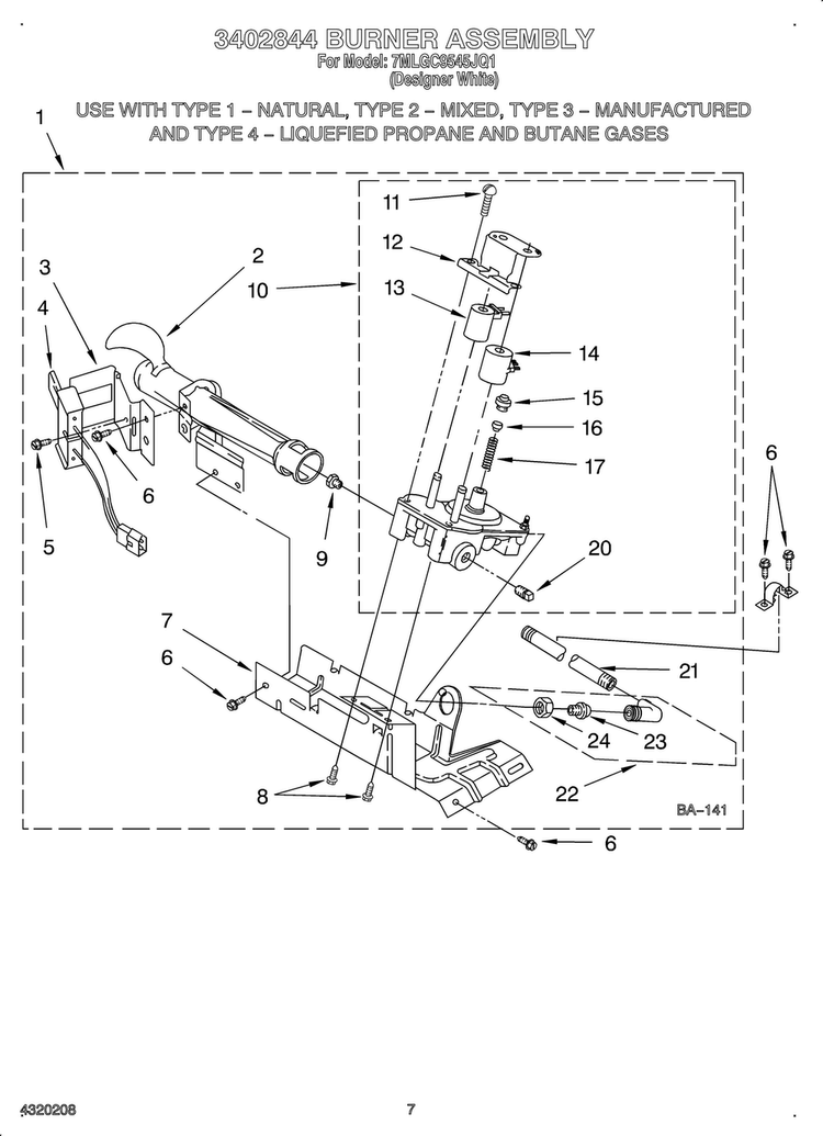 3402844 Burner Diagram and Parts List for OEM2-7MLGC9545JQ1  Whirlpool Dryer