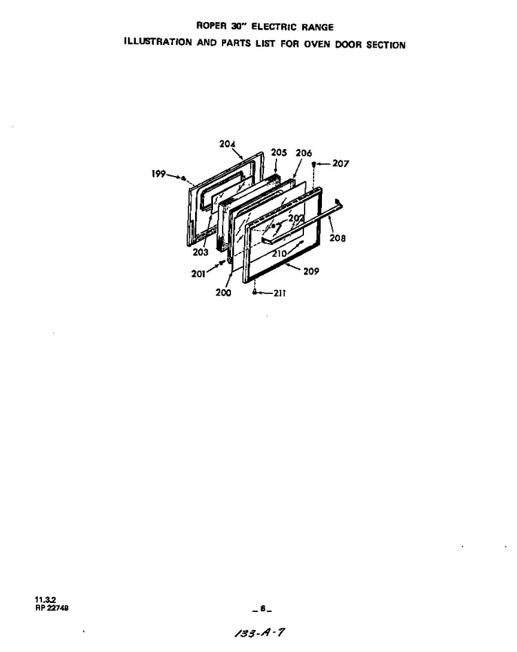 Oven Door Diagram and Parts List for 2323*0A  Roper Range