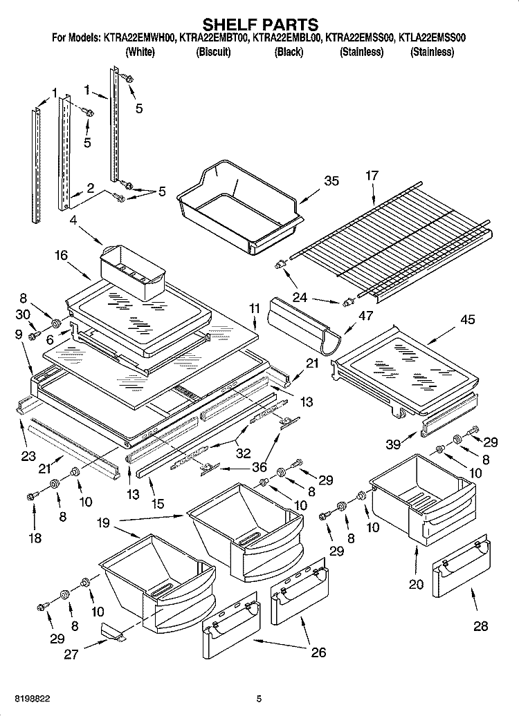 SHELF PARTS Diagram and Parts List for KTRA22EMWH00  KitchenAid Refrigerator