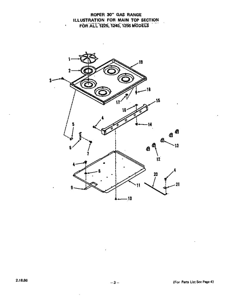 Main Top Diagram and Parts List for 1255*0A  Roper Range