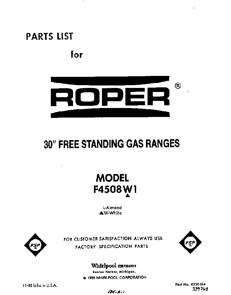 Front Cover Diagram and Parts List for F4508*1  Roper Range