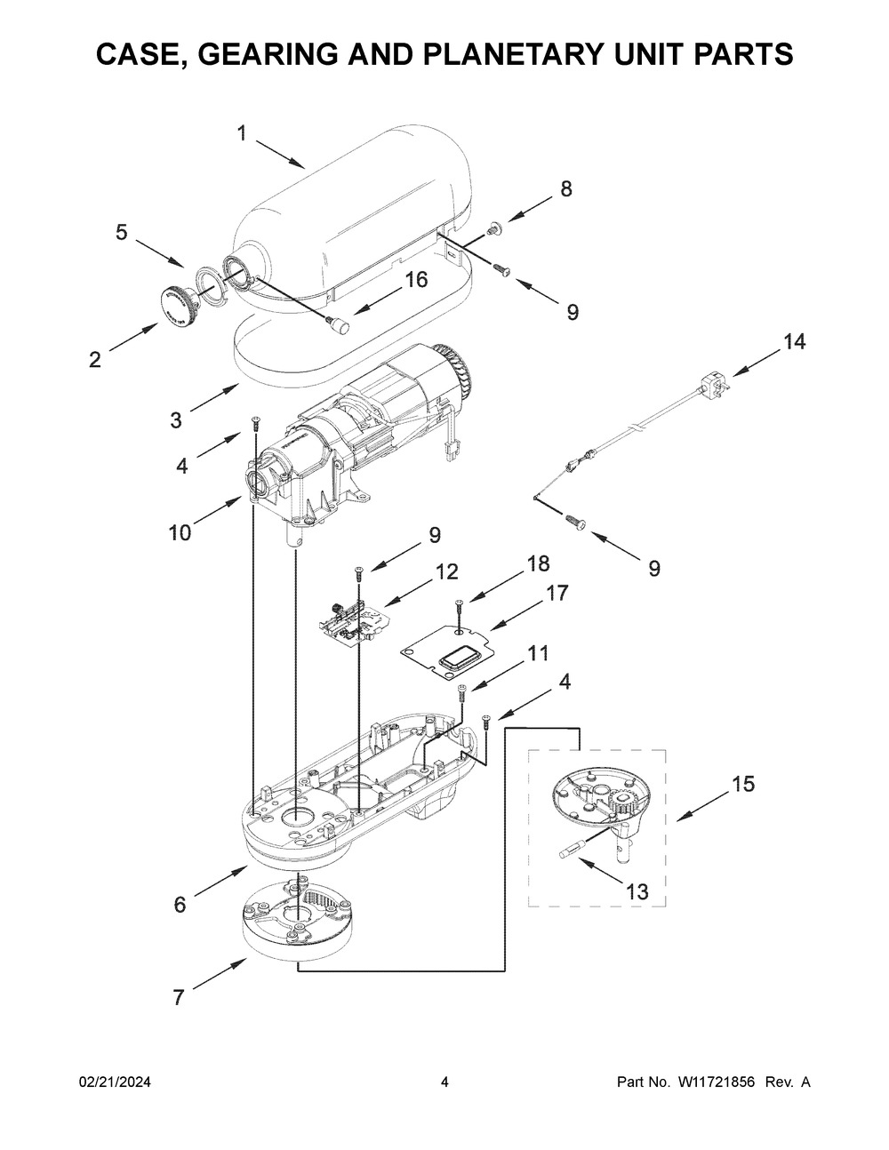 Case, Gearing And Planetary Unit Parts Diagram and Parts List for 5KSM55SXXCWH0  KitchenAid Mixer