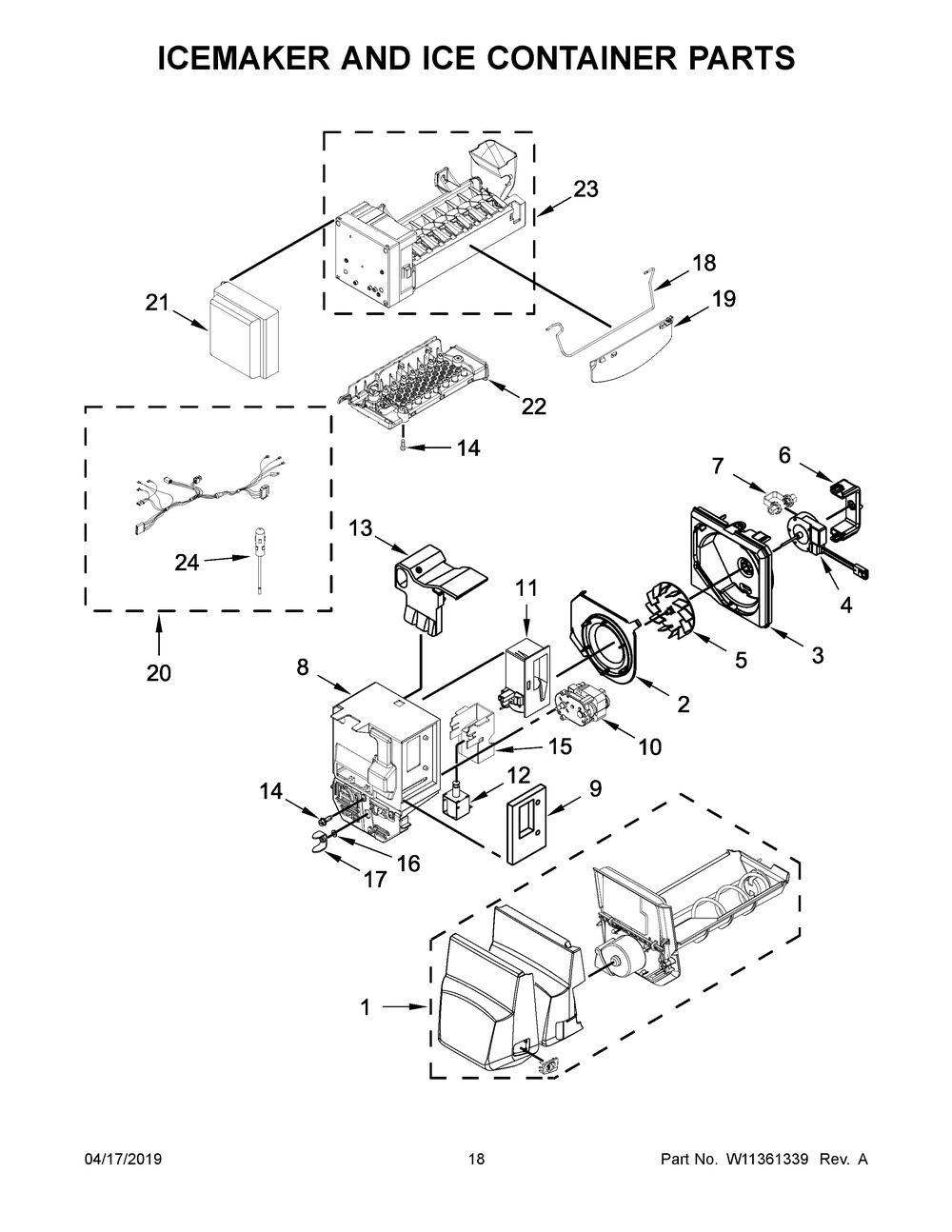 Icemaker And Ice Container Parts Diagram and Parts List for WRF555SDHV02  Whirlpool Refrigerator