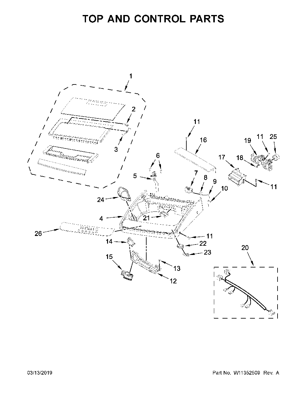 Top and control parts Diagram and Parts List for 11044432810  Kenmore Washer