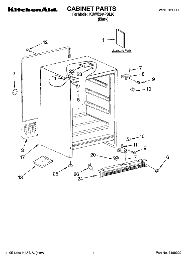 CABINET PARTS Diagram and Parts List for KUWO244PBL00  KitchenAid Wine and Beverage Cooler