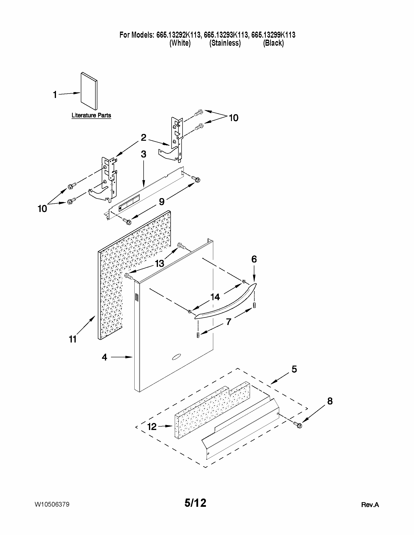 Door And Panel Parts Diagram and Parts List for 66513292K113  Kenmore Dishwasher