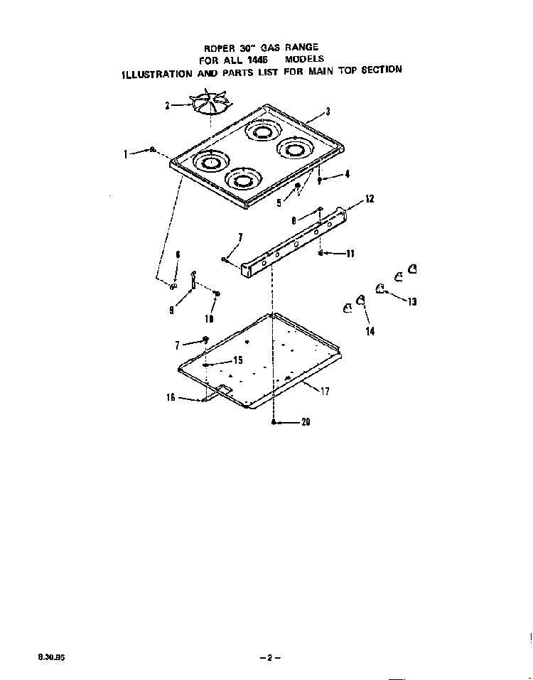 Main Top Diagram and Parts List for 1445*1A  Roper Range