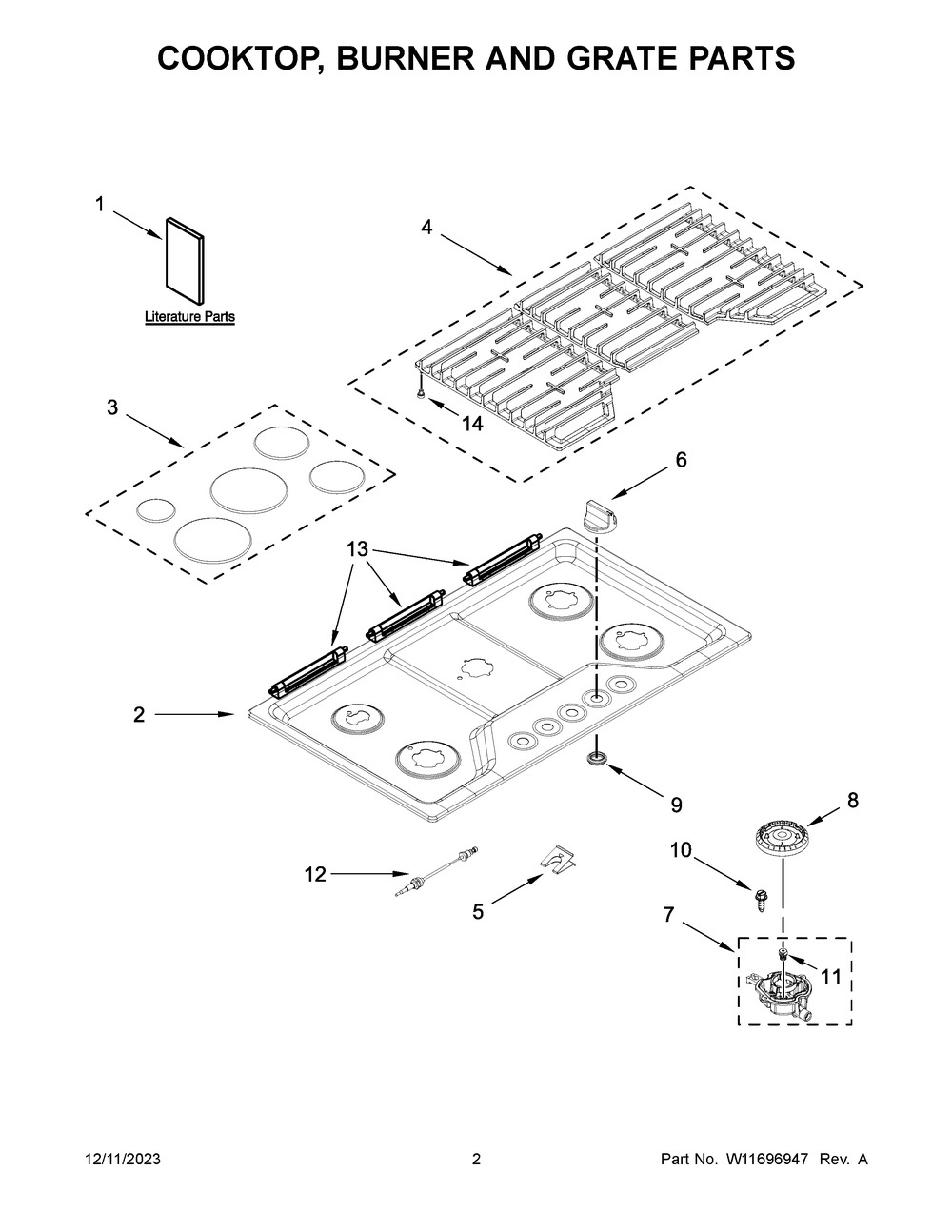 Cooktop, Burner And Grate Parts Diagram and Parts List for WCGK5036PS00  Whirlpool Cooktop