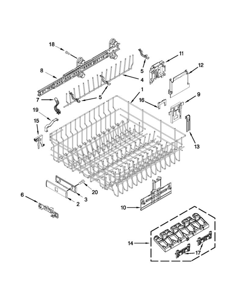 Upper Rack And Track Parts Diagram and Parts List for 66512782K312  Kenmore Dishwasher