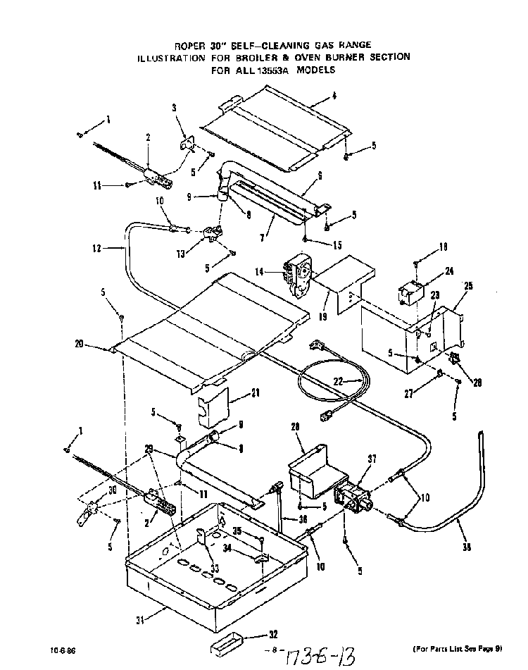 Broiler And Oven Burner Diagram and Parts List for 1355*3A  Roper Range