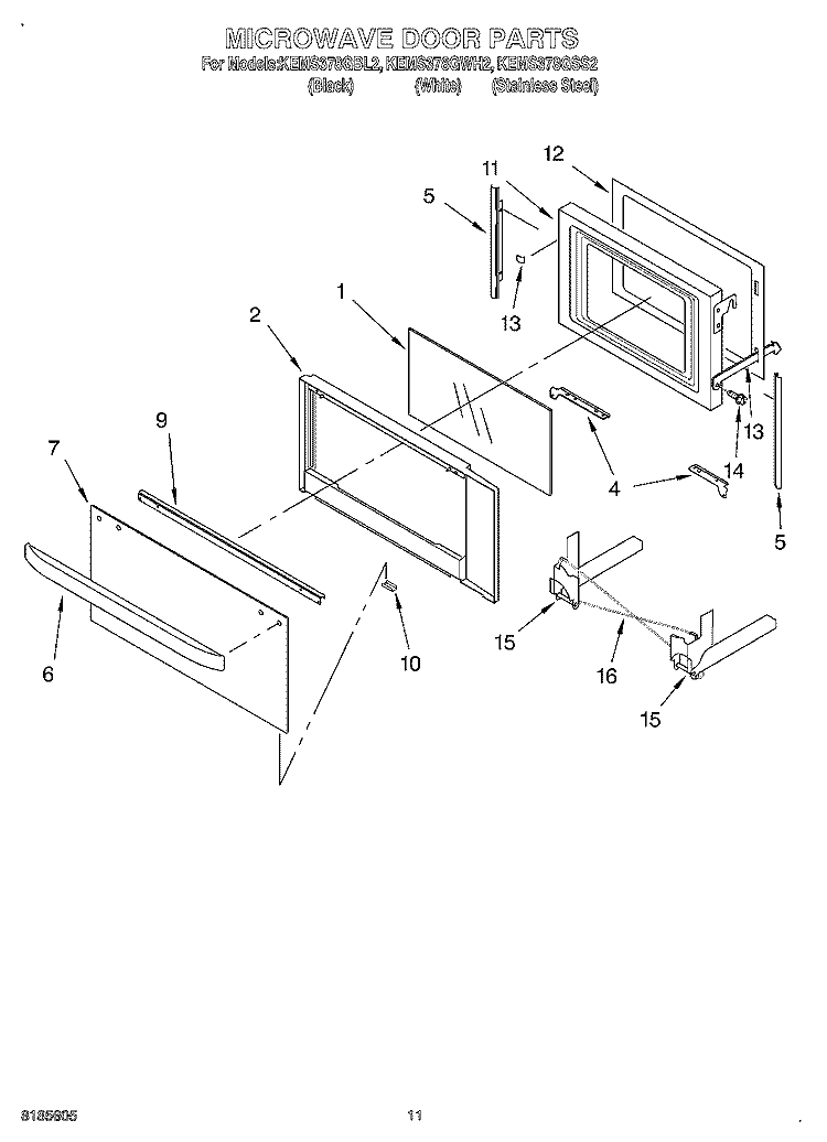 MICROWAVE DOOR Diagram and Parts List for KEMS378GBL2  KitchenAid Microwave Oven Combo