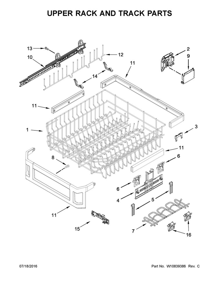 Upper Rack And Track Parts Diagram and Parts List for KDTM804EBS0  KitchenAid Dishwasher