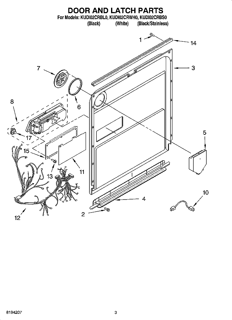 DOOR AND LATCH PARTS Diagram and Parts List for KUDI02CRWH0  KitchenAid Dishwasher