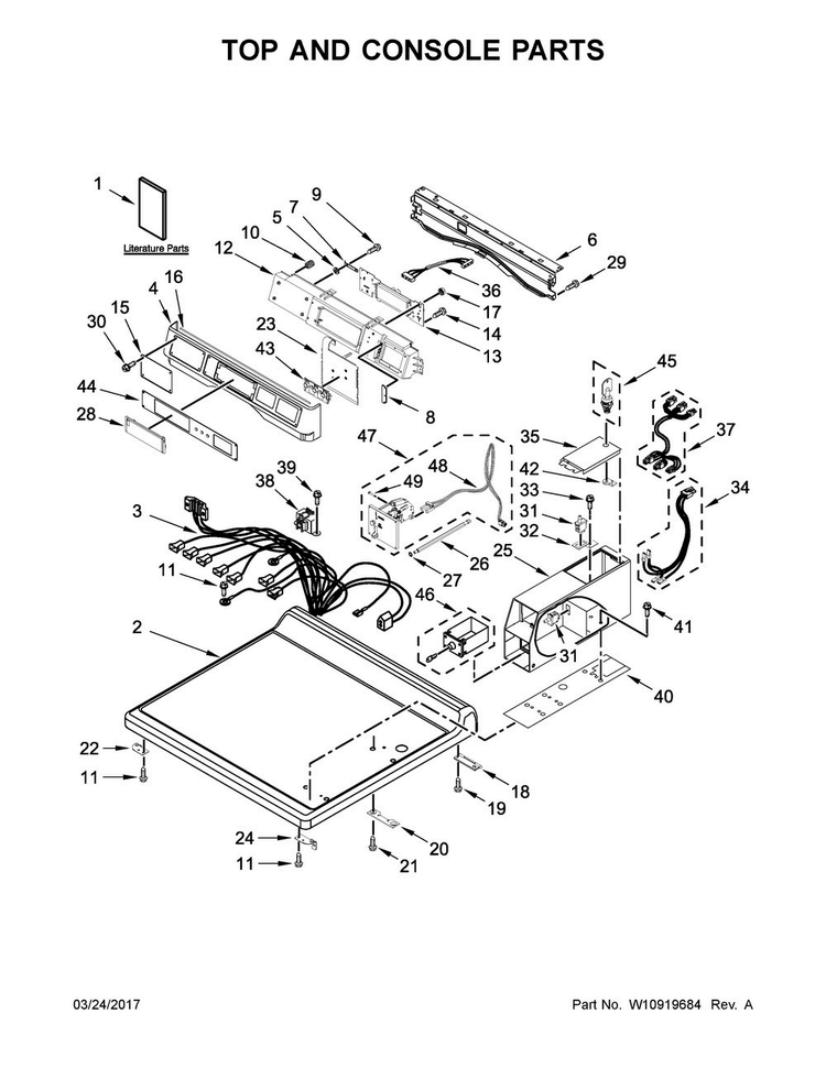 Top And Console Parts Diagram and Parts List for CGD9150GW0  Whirlpool Dryer