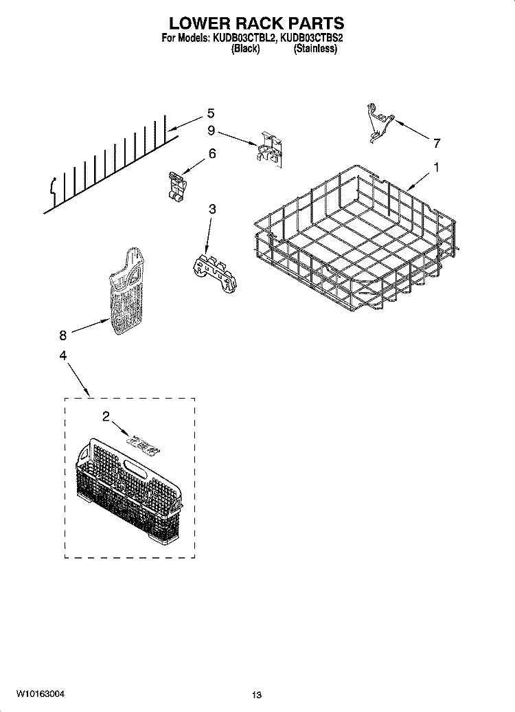 LOWER RACK PARTS, OPTIONAL PARTS (NOT INCLUDED) Diagram and Parts List for KUDB03CTBS2  KitchenAid Dishwasher