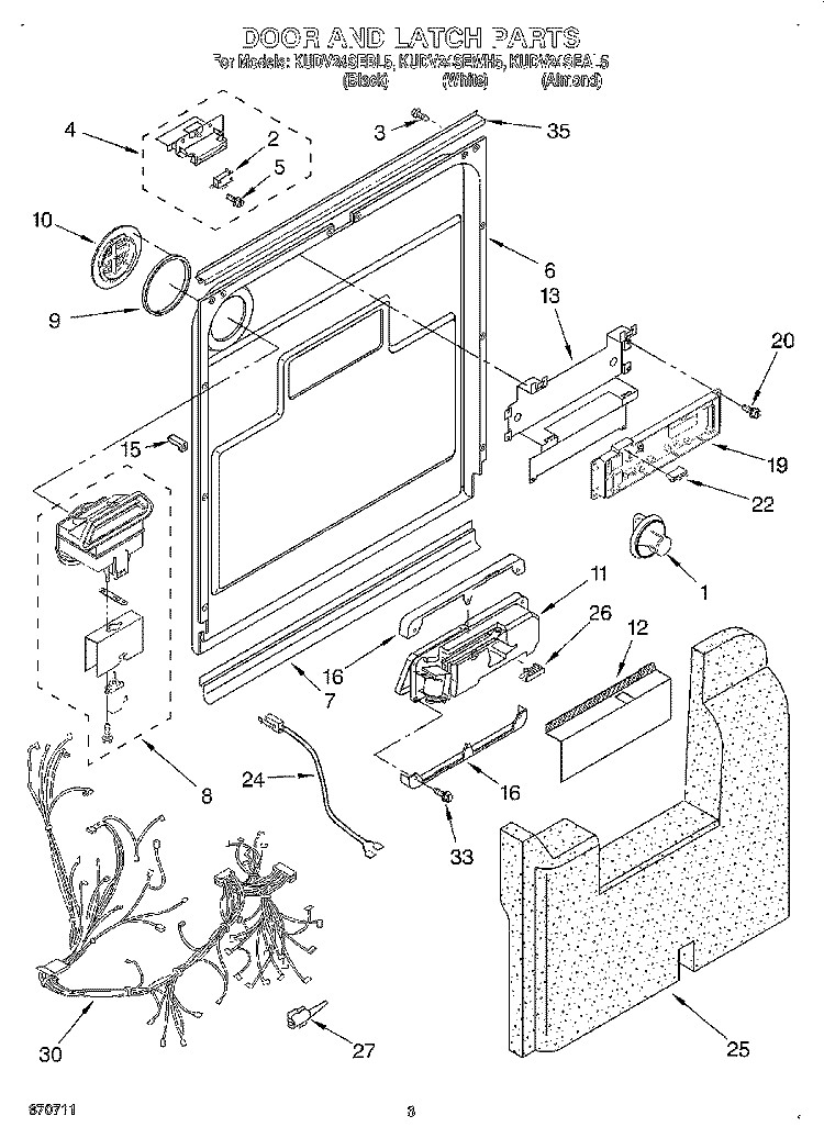 DOOR AND LATCH Diagram and Parts List for KUDV24SEAL5  KitchenAid Dishwasher