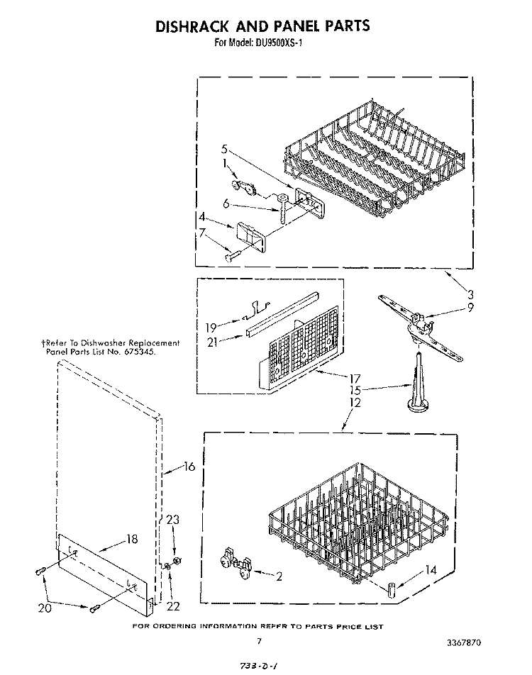 DISHRACK AND PANEL Diagram and Parts List for DU9500XS1  Whirlpool Dishwasher