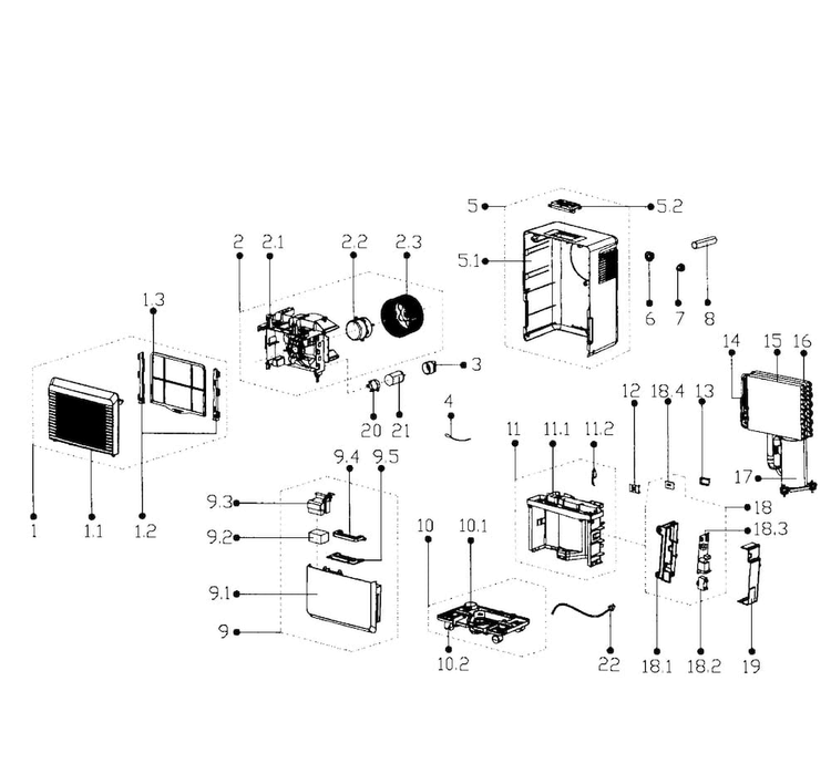 Main Assy Diagram and Parts List for 40543530  Kenmore Dehumidifier