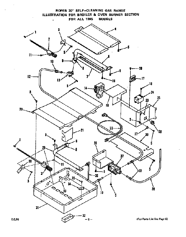 Broiler And Oven Burner Diagram and Parts List for 1395*1A  Roper Range