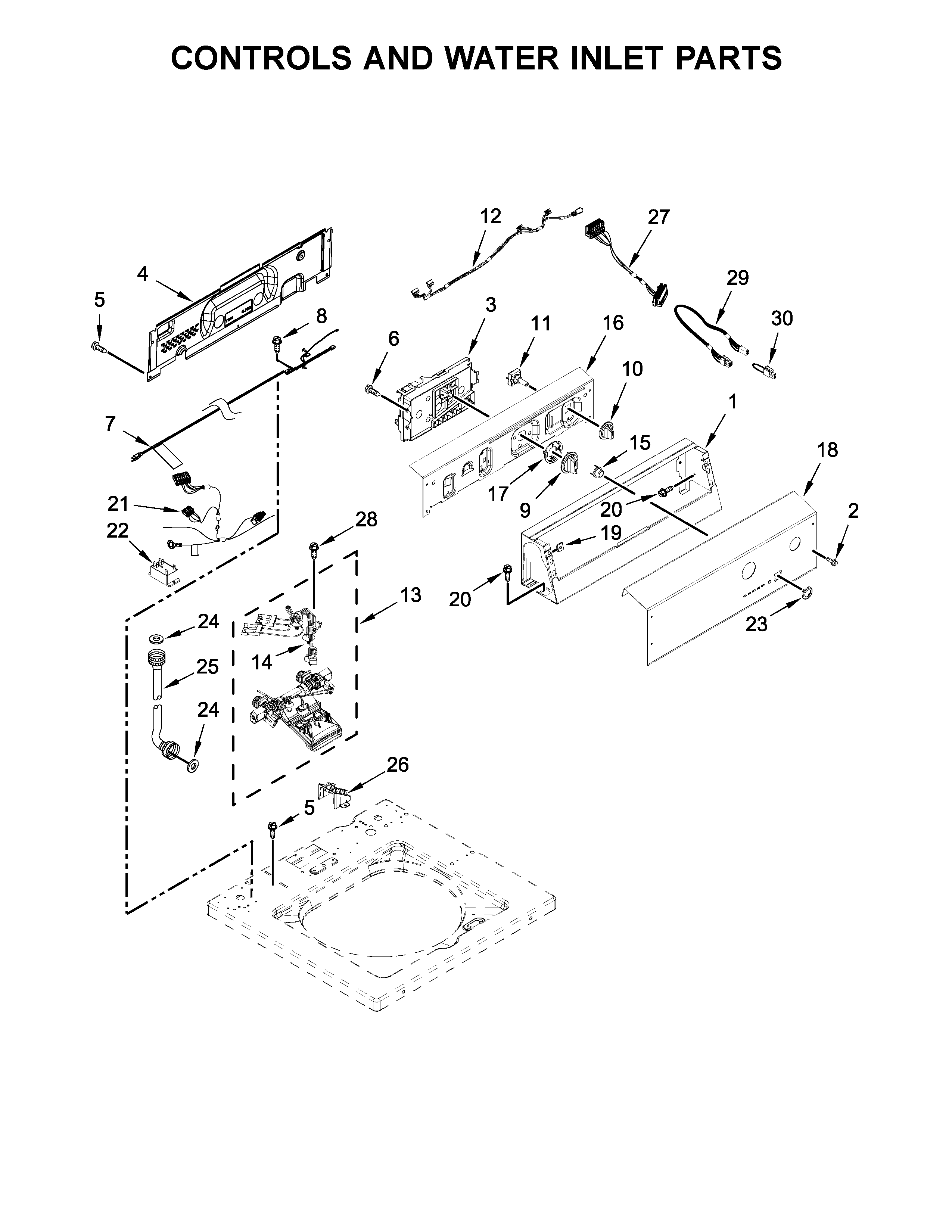 Controls And Water Inlet Parts Diagram and Parts List for 11027022710  Kenmore Washer
