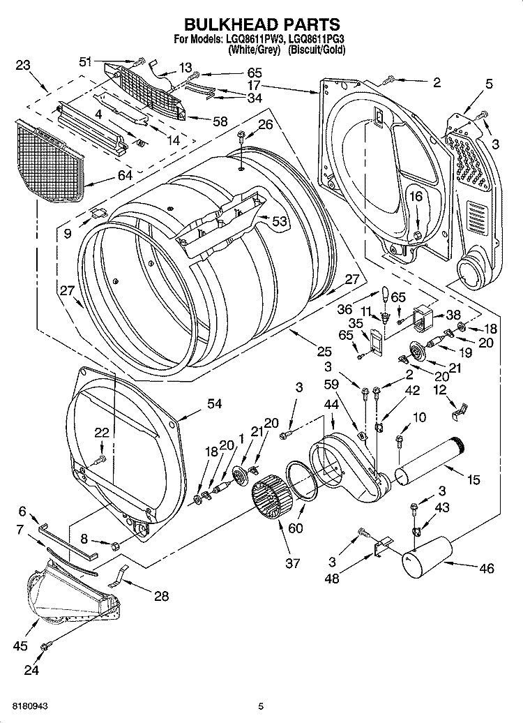BULKHEAD PARTS Diagram and Parts List for LGQ8611PW3  Whirlpool Dryer
