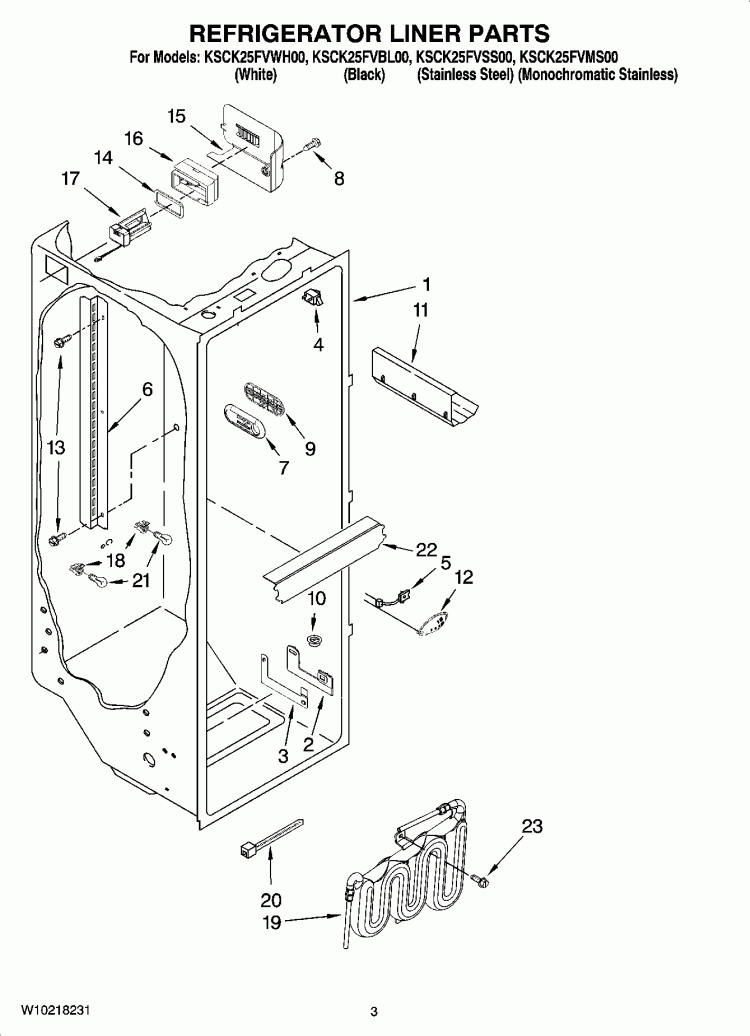REFRIGERATOR LINER PARTS Diagram and Parts List for KSCK25FVMS00  KitchenAid Refrigerator