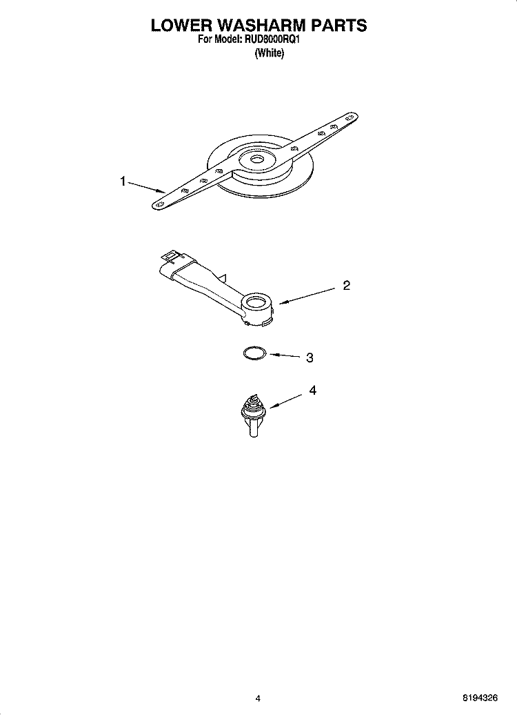 LOWER WASHARM PARTS Diagram and Parts List for RUD8000RQ1  Roper Dishwasher