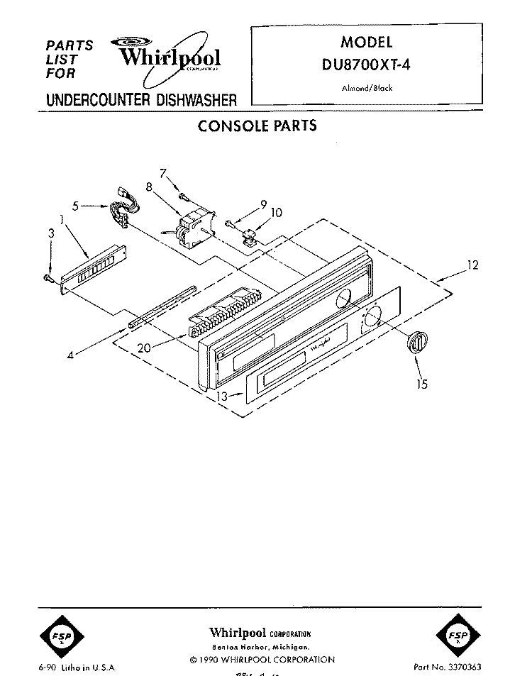 CONSOLE Diagram and Parts List for DU8700XT4  Whirlpool Dishwasher
