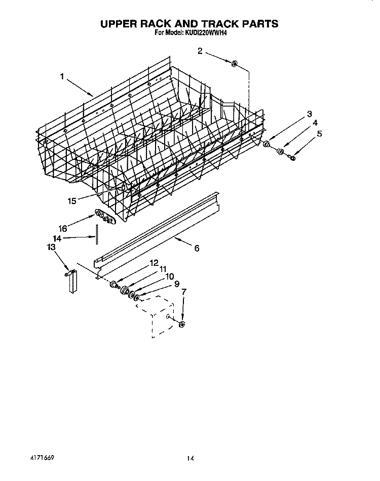 UPPER RACK AND TRACK Diagram and Parts List for KUDI220WWH4  KitchenAid Dishwasher