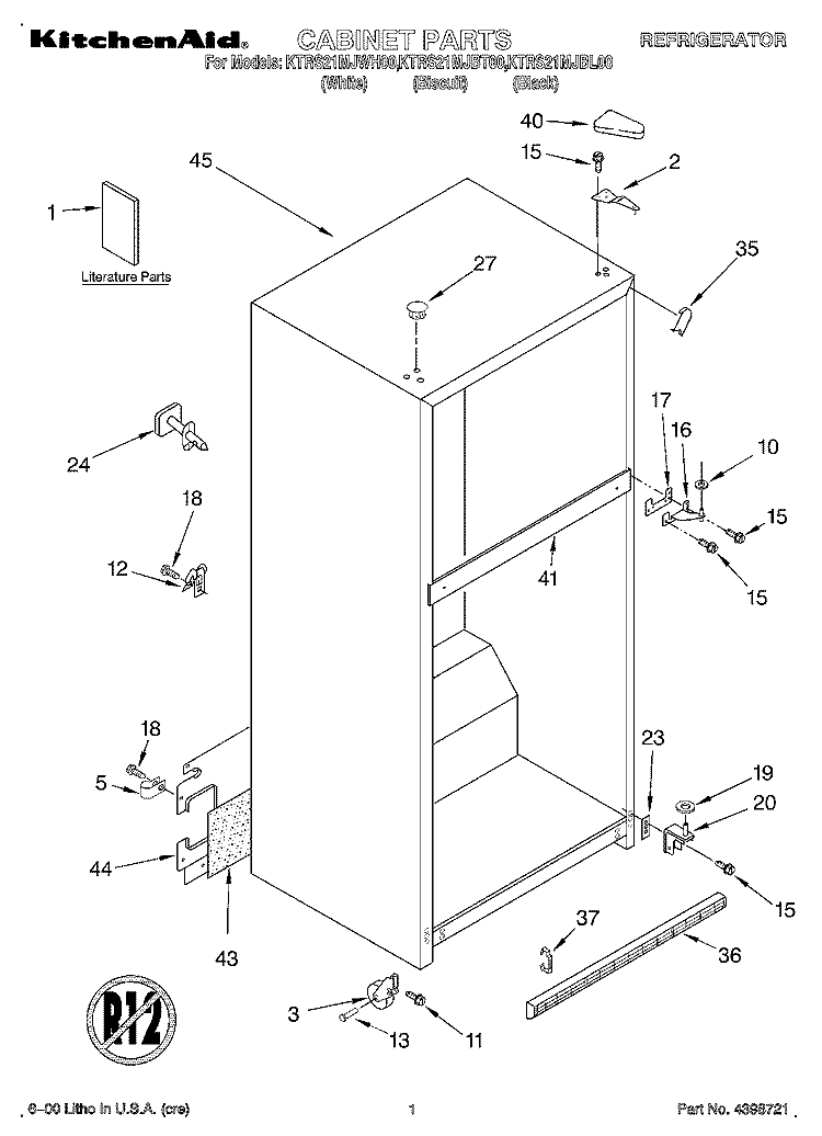 CABINET, LITERATURE Diagram and Parts List for KTRS21MJBL00  KitchenAid Refrigerator