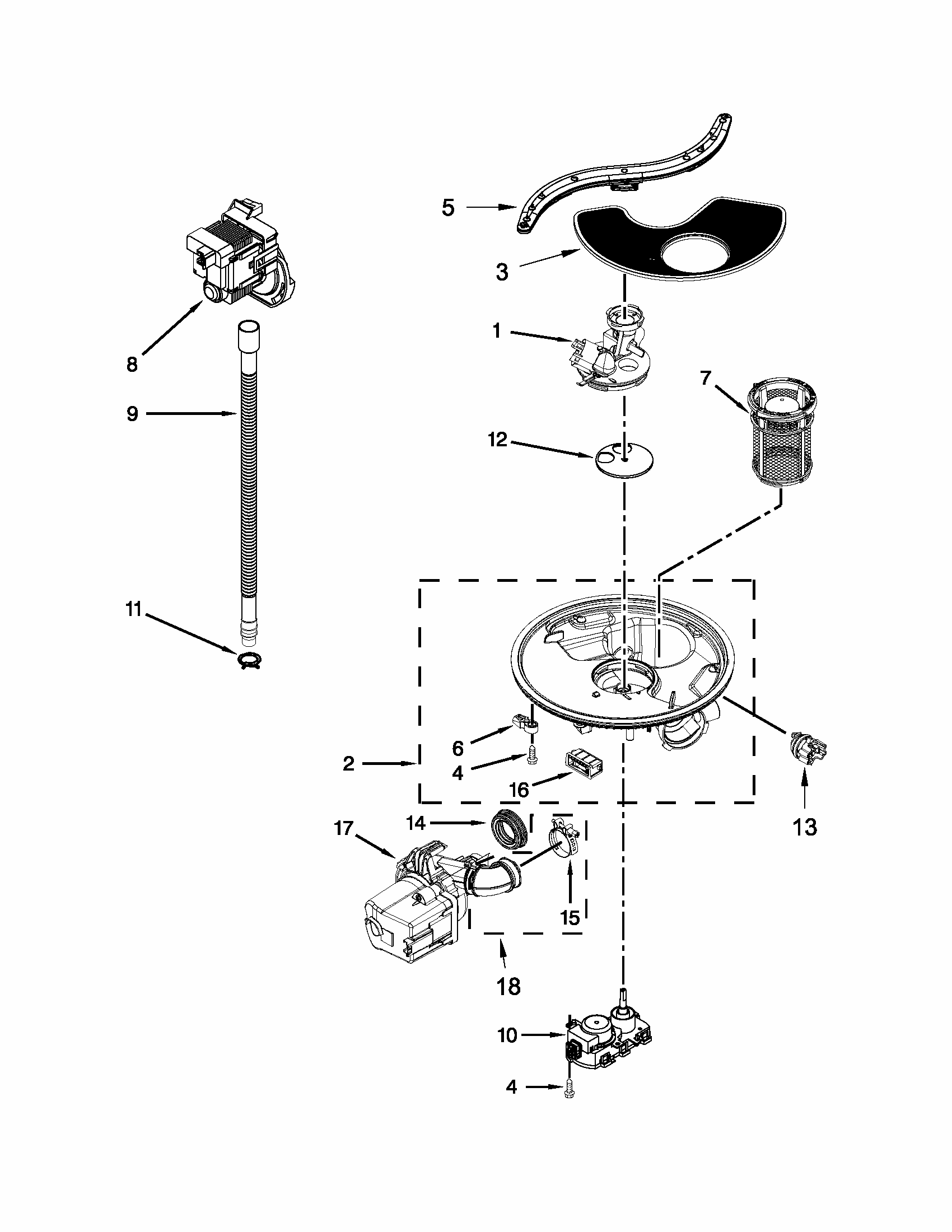Pump, Washarm And Motor Parts Diagram and Parts List for 66513283K116  Kenmore Dishwasher