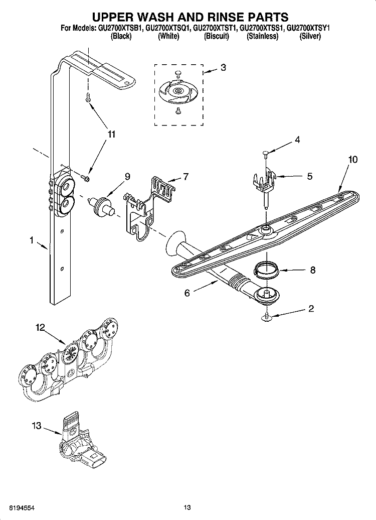 UPPER WASH AND RINSE PARTS Diagram and Parts List for GU2700XTSQ1  Whirlpool Dishwasher