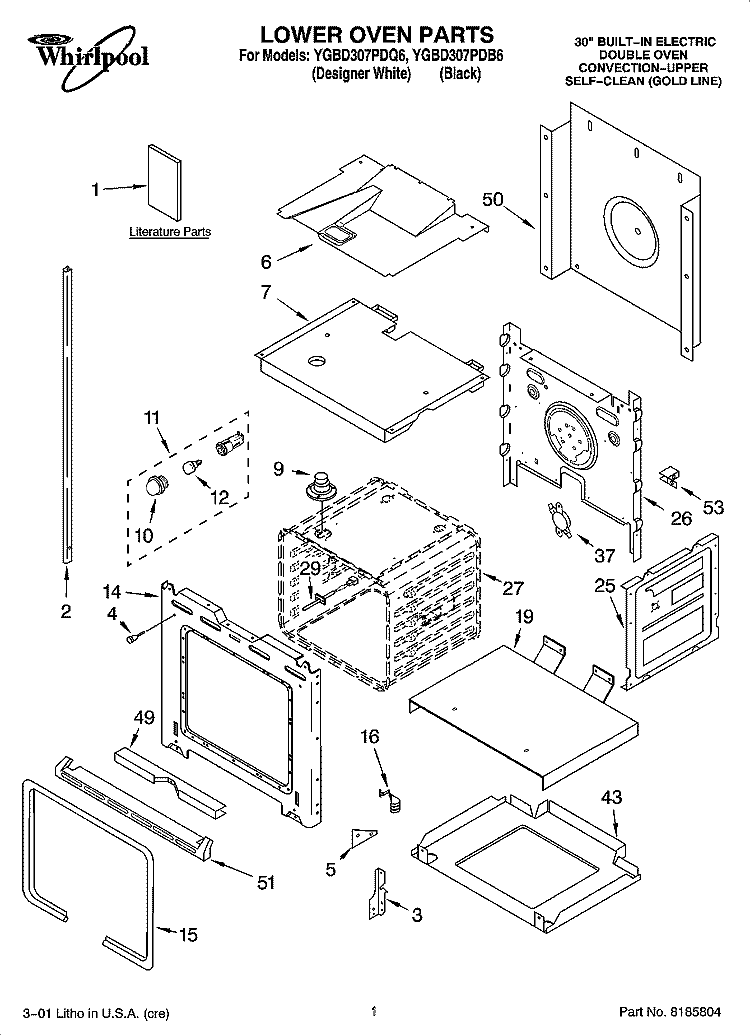 LOWER OVEN PARTS Diagram and Parts List for YGBD307PDQ6  Whirlpool Wall Oven