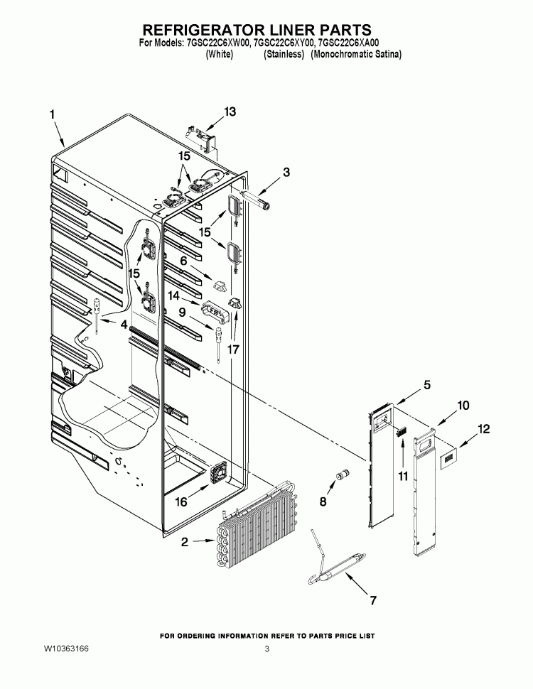 REFRIGERATOR LINER PARTS Diagram and Parts List for 7GSC22C6XW00  Whirlpool Refrigerator