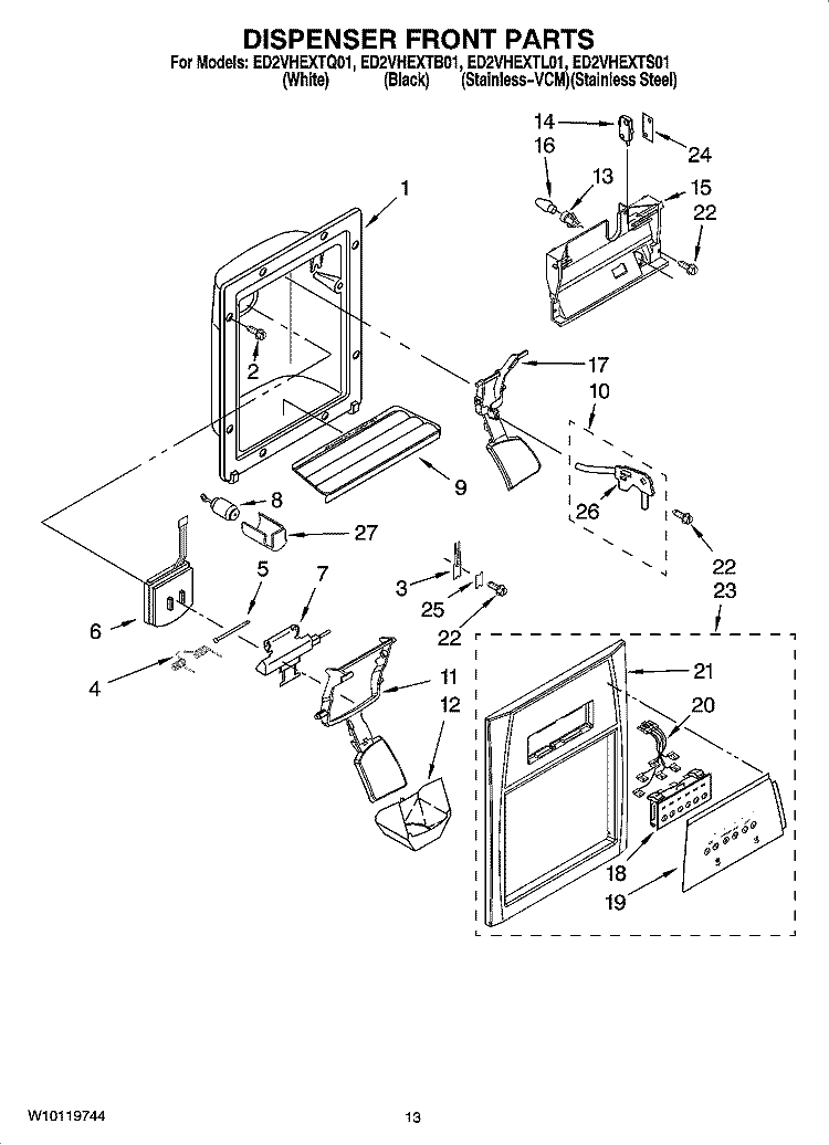 DISPENSER FRONT PARTS Diagram and Parts List for ED2VHEXTB01  Whirlpool Refrigerator